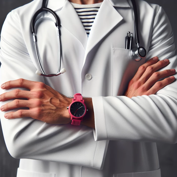 a male doctor who has pink wristwatch
