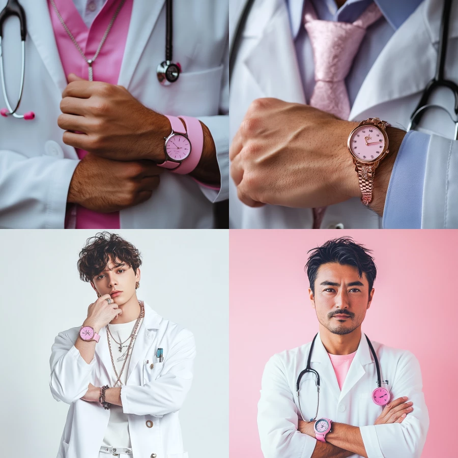 a male doctor who has pink wristwatch and woman necklace