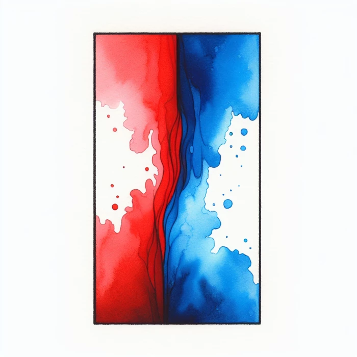 A watercolour picture with one half red the other half blue split vertically.  In the centre of the picture the blue seeps and bleeds into the red half through a small gap
