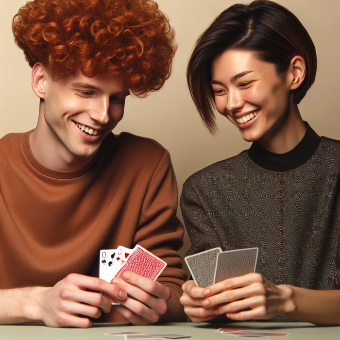 Two best friends, both alike in dignity 
one with red curly hair and one with brown hair short back and side, smiling while playing cards