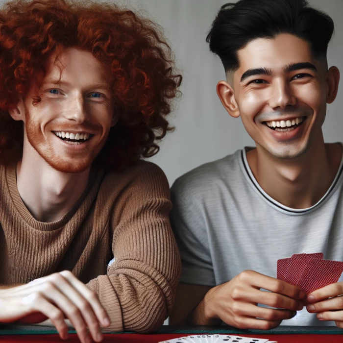 Two best friends, one with red curly hair and one with brown hair short back and side, smiling while playing cards
