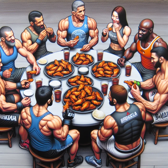 UFC fighters enjoying some chicken wings together
