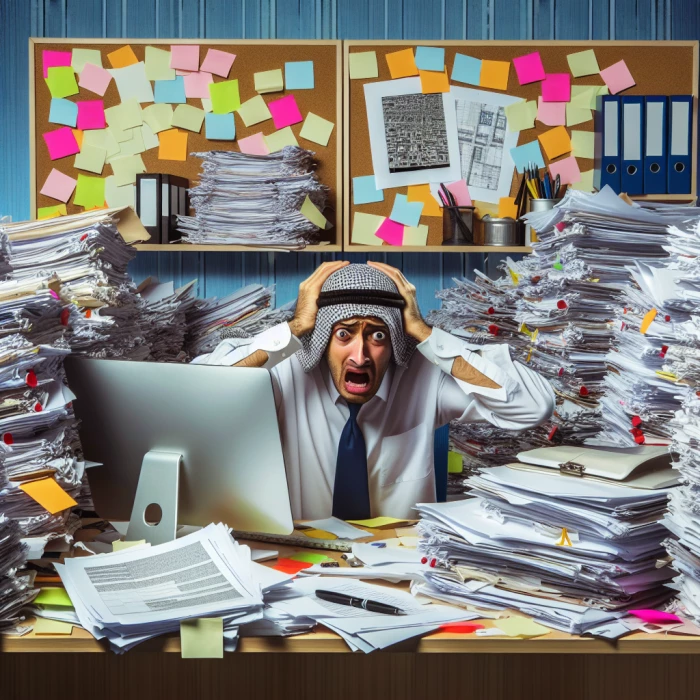 A person drowning in a sea of papers or files.
A cluttered desk with stacks of documents and sticky notes everywhere.
A computer screen filled with open windows and tabs, making it difficult to find anything. Construction project 