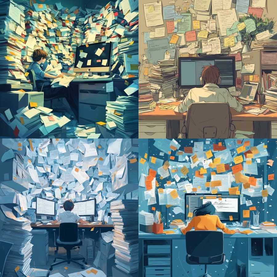 A person drowning in a sea of papers or files.
A cluttered desk with stacks of documents and sticky notes everywhere.
A computer screen filled with open windows and tabs, making it difficult to find anything.