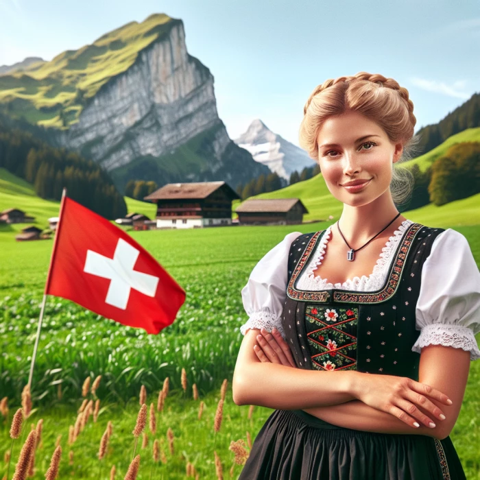 Buxome blonde woman wearing a
 black dirndl in front of a Swiss flag standing jn a green field next to a mountain

