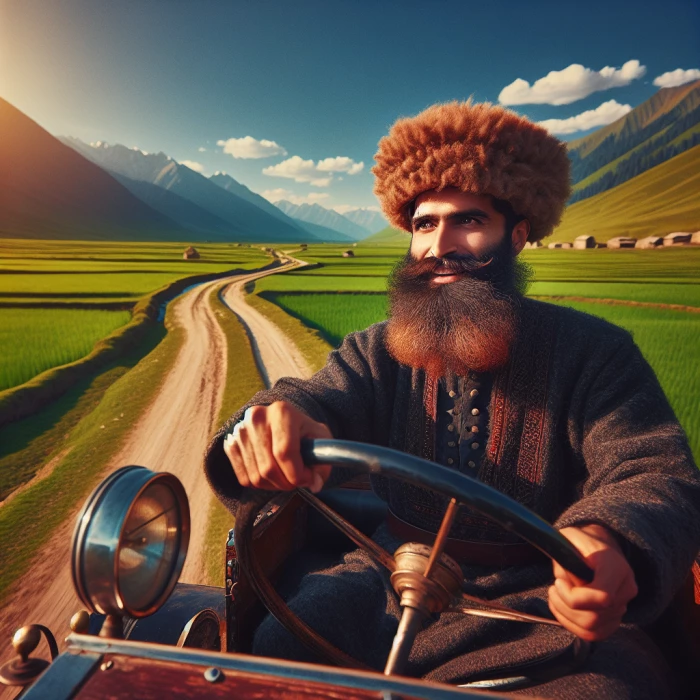 Bearded pathan man driving a model T Ford on a dirt track through green fields on a sunny day