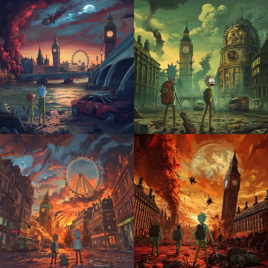 Rick and Morty around London after an apocalypse 