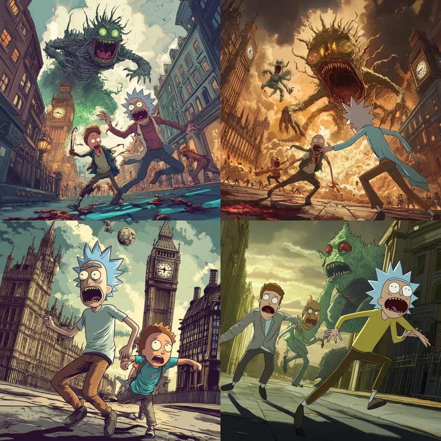 Rick and Morty running from monsters in London