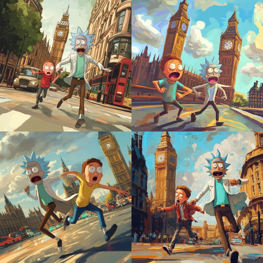 Rick and Morty running around London