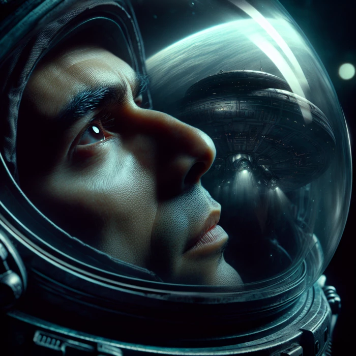 astronaut face looking up with helmet reflecting a spaceship, realistic, dark fantasy style, moody lighting --v 6.0

