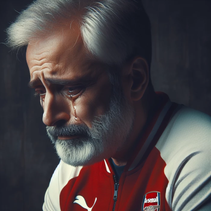 Sad weeping 50 year old white man, light greying beard has just watched Arsenal Football club beat Tottenham hotspur 3 goals to 1