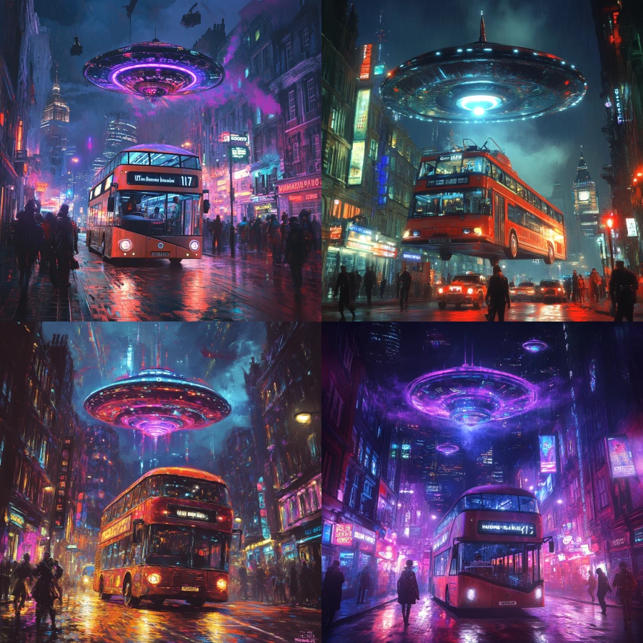 London bus driving ufo in madagascar surrounded by cyberpunk dj's