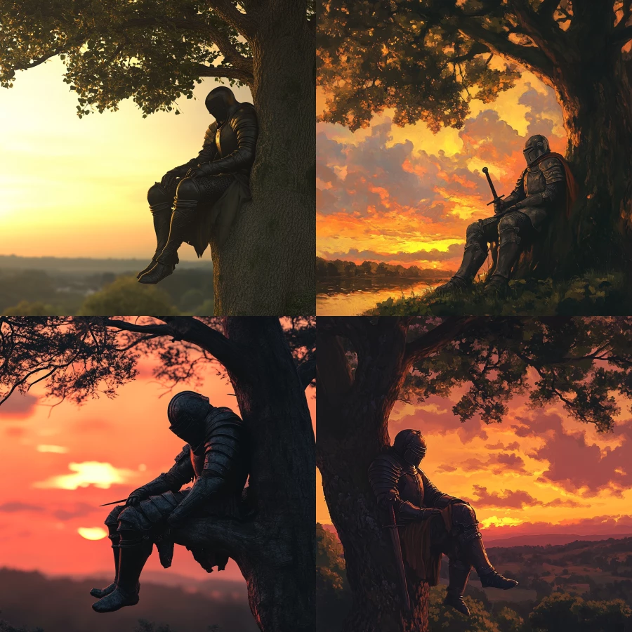 Knight resting on a tree at sunset