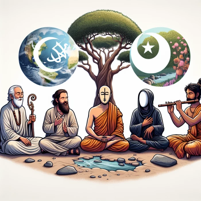 make a photo which presents that Jesus, Buddha, Mohammad and Krishna discussing how to save the world
