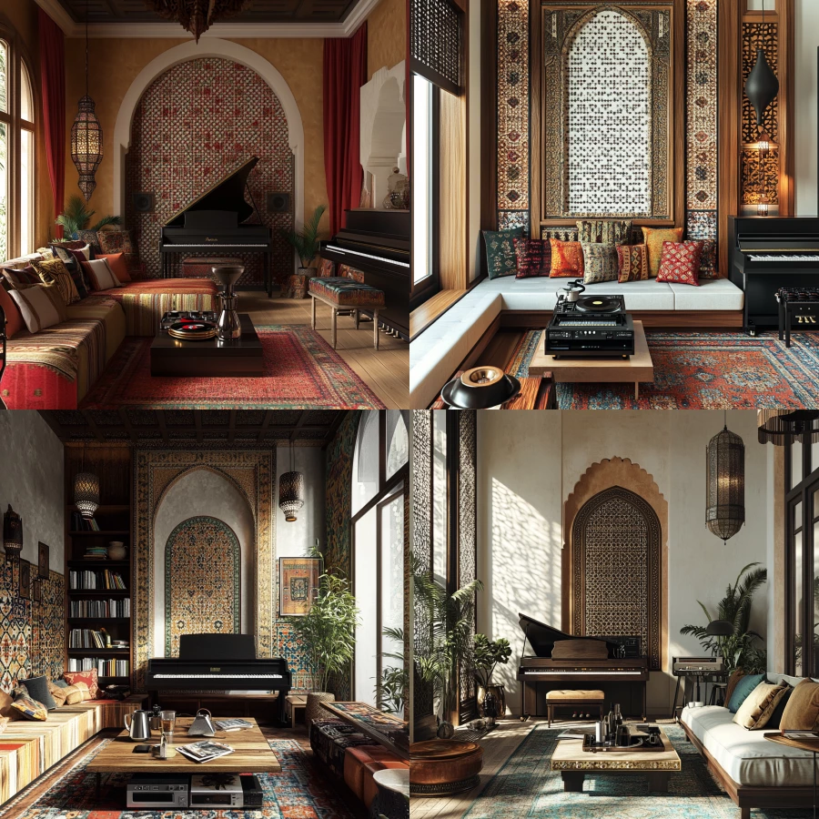 Moroccan style living room with vinyl player and coffee brewer and piano in a tasteful mix between traditional Moroccan style and a Morden style