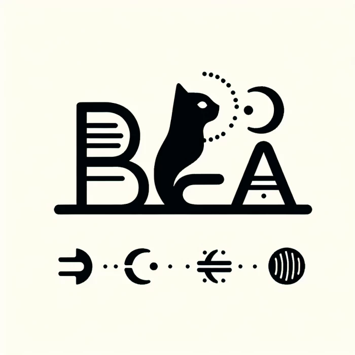 A logo based on the name "Bea" with a basic cat silhouette and a crescent moon
