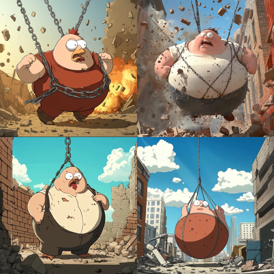 Peter Griffin from Family Guy trussed like a chicken and being used as a demolition wrecking ball
