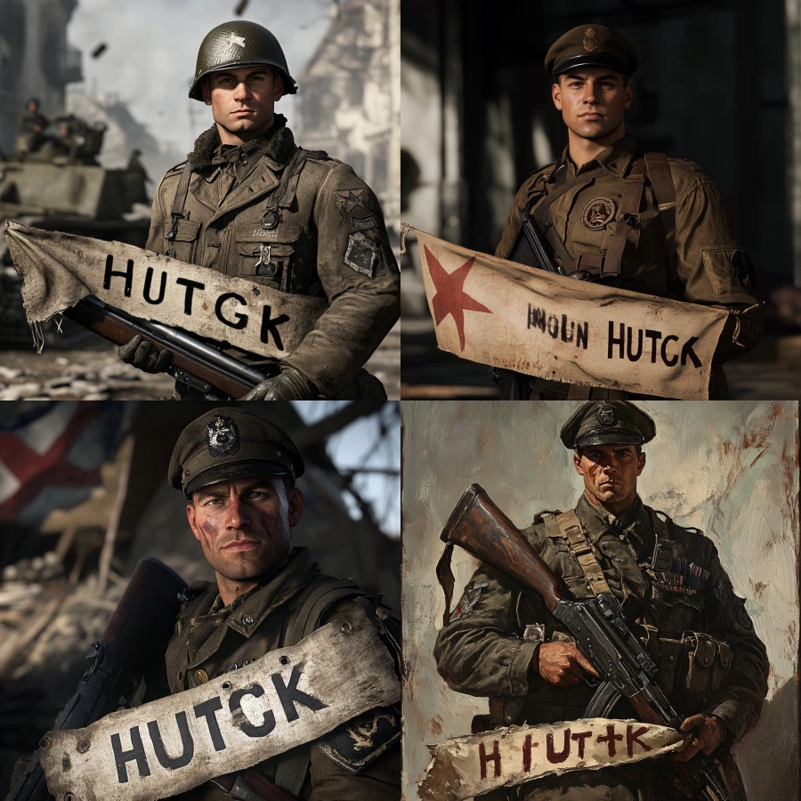 Ww2 officer holding a rifle with a banner across the bottom with Hutch wrote on it 