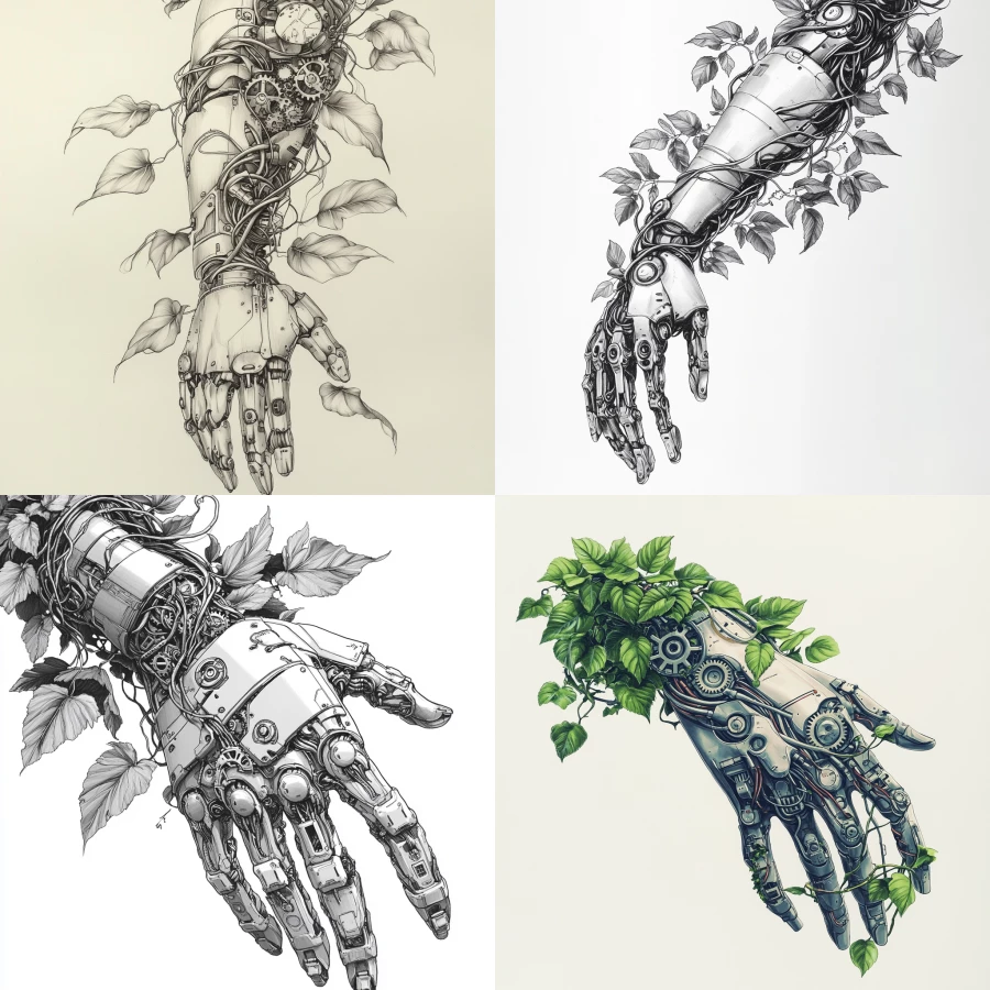 A cyborg arm with tiny gears, circuits, and wires drawn in fine detail, surrounded by flowing philodendron vines. The leaves wrap around the mechanical elements, integrating nature with technology in an organic, fluid design, ideal for a tattoo