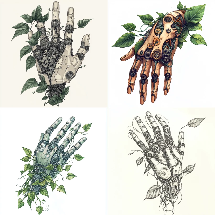 A cyborg hand with tiny gears, circuits, and wires drawn in fine detail, surrounded by flowing philodendron vines. The leaves wrap around the mechanical fingers, integrating nature with technology in an organic, fluid design, ideal for a tattoo