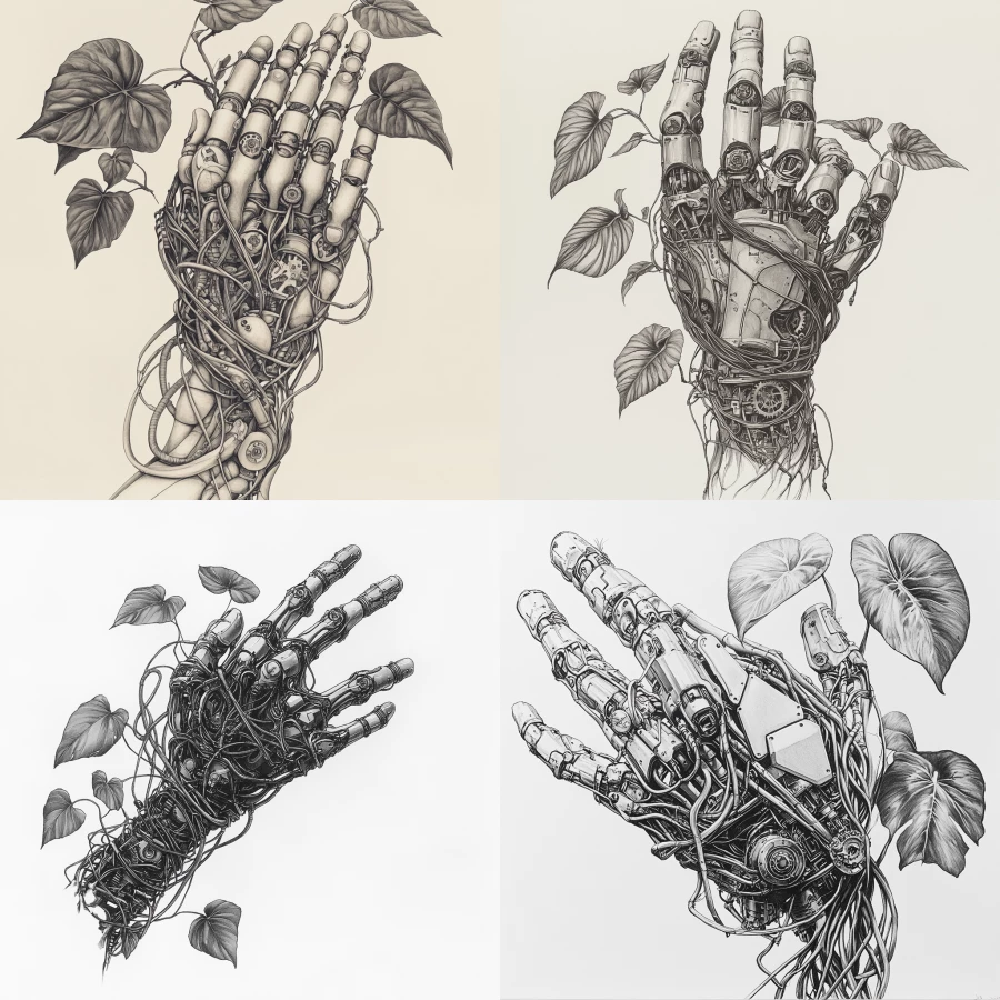 A highly detailed drawing of a cyborg hand, with intricate wires, gears, and mechanical elements, wrapped by long vines of a philodendron plant. The plant’s large, heart-shaped leaves weave gracefully through the tiny metal components, creating a natural and technological fusion