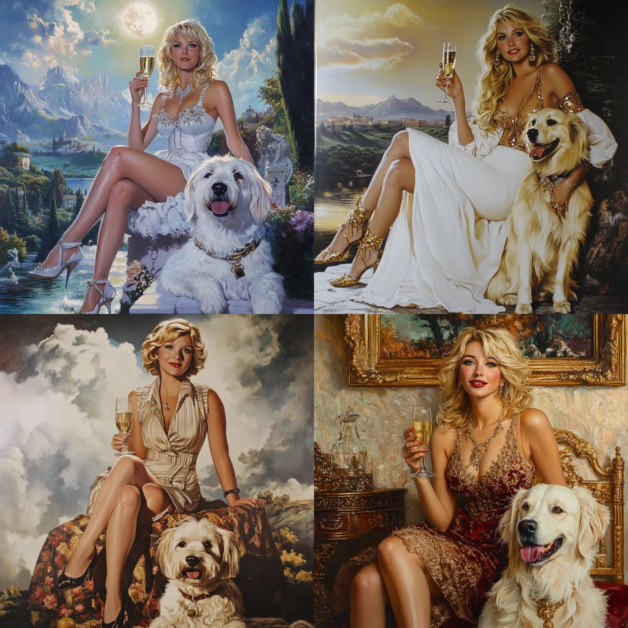 Never ending story blonde lady sitting on the dog with a glass of champagne