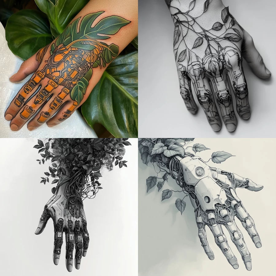 Tattoo concept of a cyborg hand with micro-details of circuits, wires, and gears. The hand is being overtaken by the soft curves of a philodendron plant, with its smooth, broad leaves and twisting vines gently encircling the hand’s mechanical structure