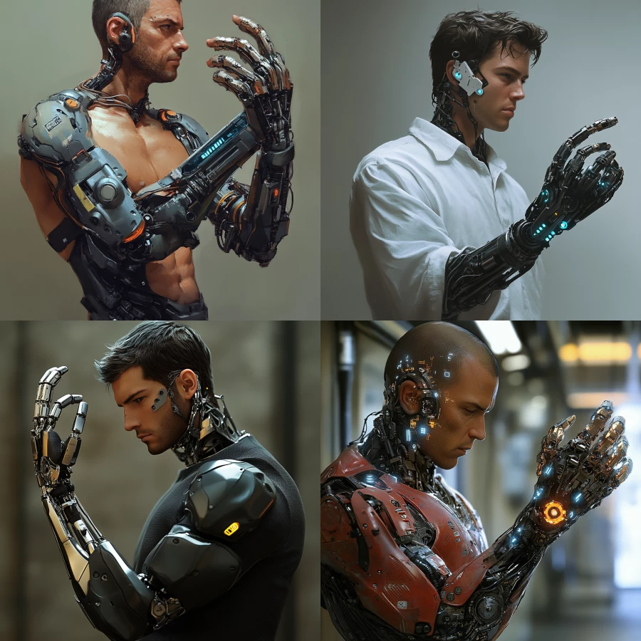 A man with a cyborg arm. Man with a robotic arm