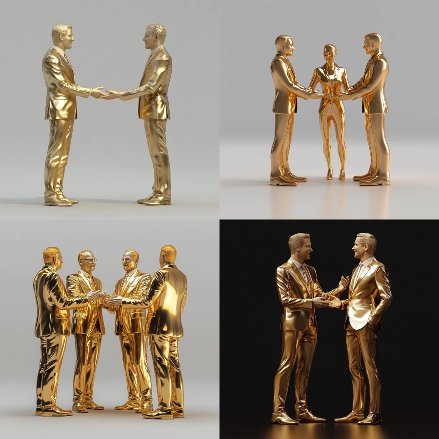 create a 3D model of CEOs discussing business, holding hands, helping each other to pitch ideas. Gold model.