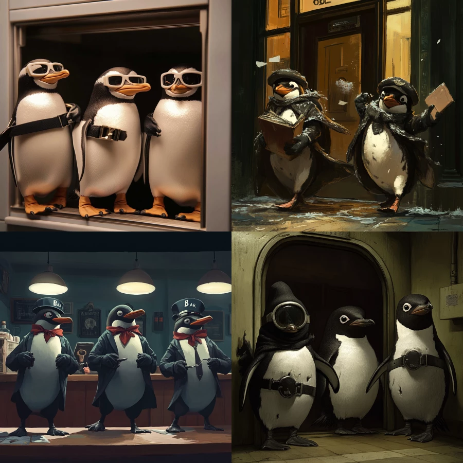 drunk penguins robbing a bank 