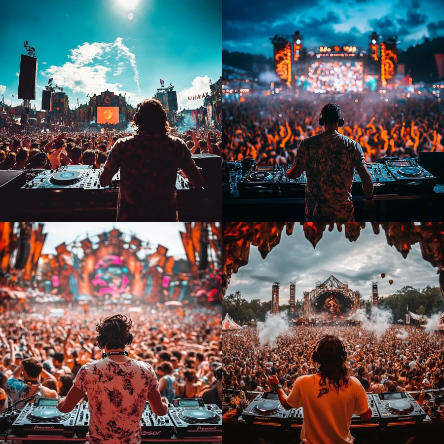 A DJ playing on tomorrowland festival, the photo is taken from behind the DJ, in front of the DJ are a lot of people dancing and being happy 