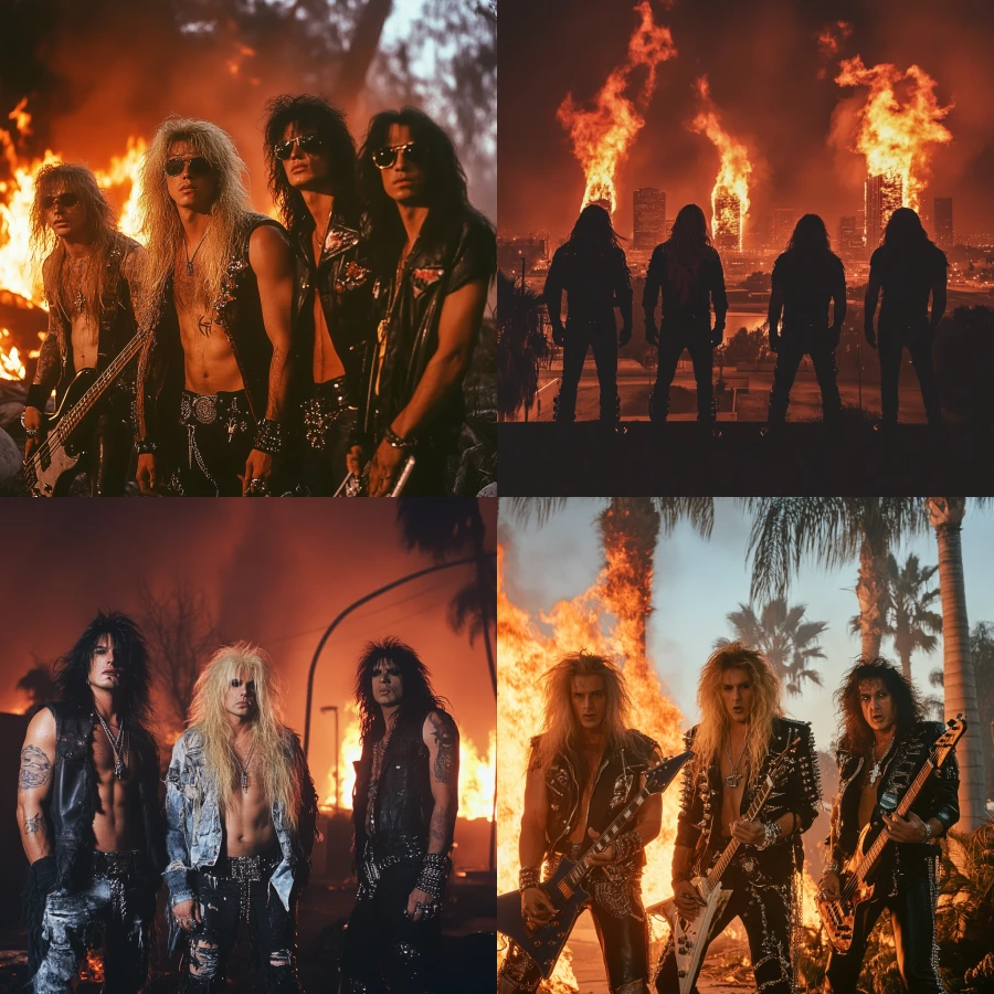 L.A wildfires hair metal band promotional image