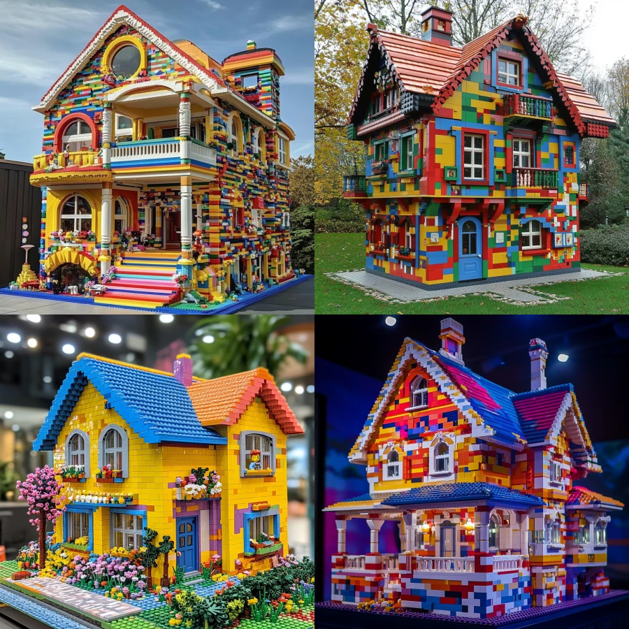 Real house built of Lego, on a massive scale with small bricks, very colorful but realistic 