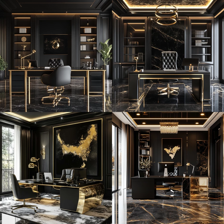 create an office in wimbledon, with black and gold interior. Very realistic photo