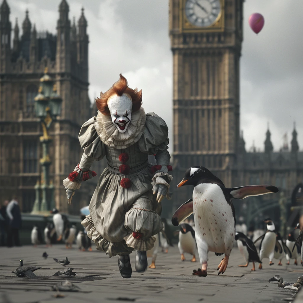 some random scared penguins running near big ben followed a big smiling clown from the movie It