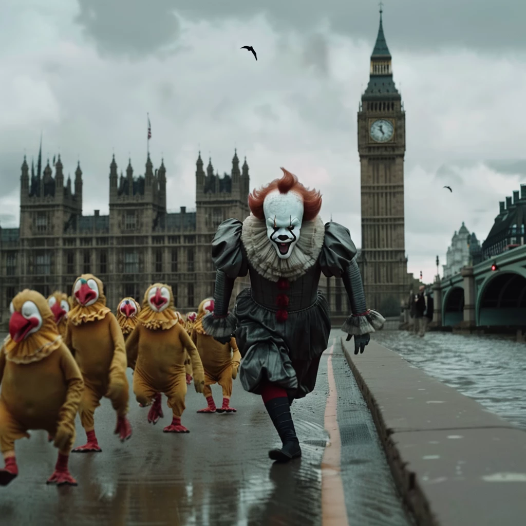 some random scared penguins running near big ben followed a big smiling clown from the movie It