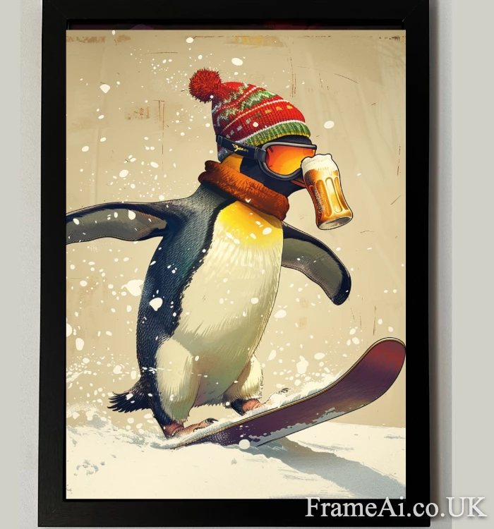 Penguin on a Swnoboard A2 Print and Frame